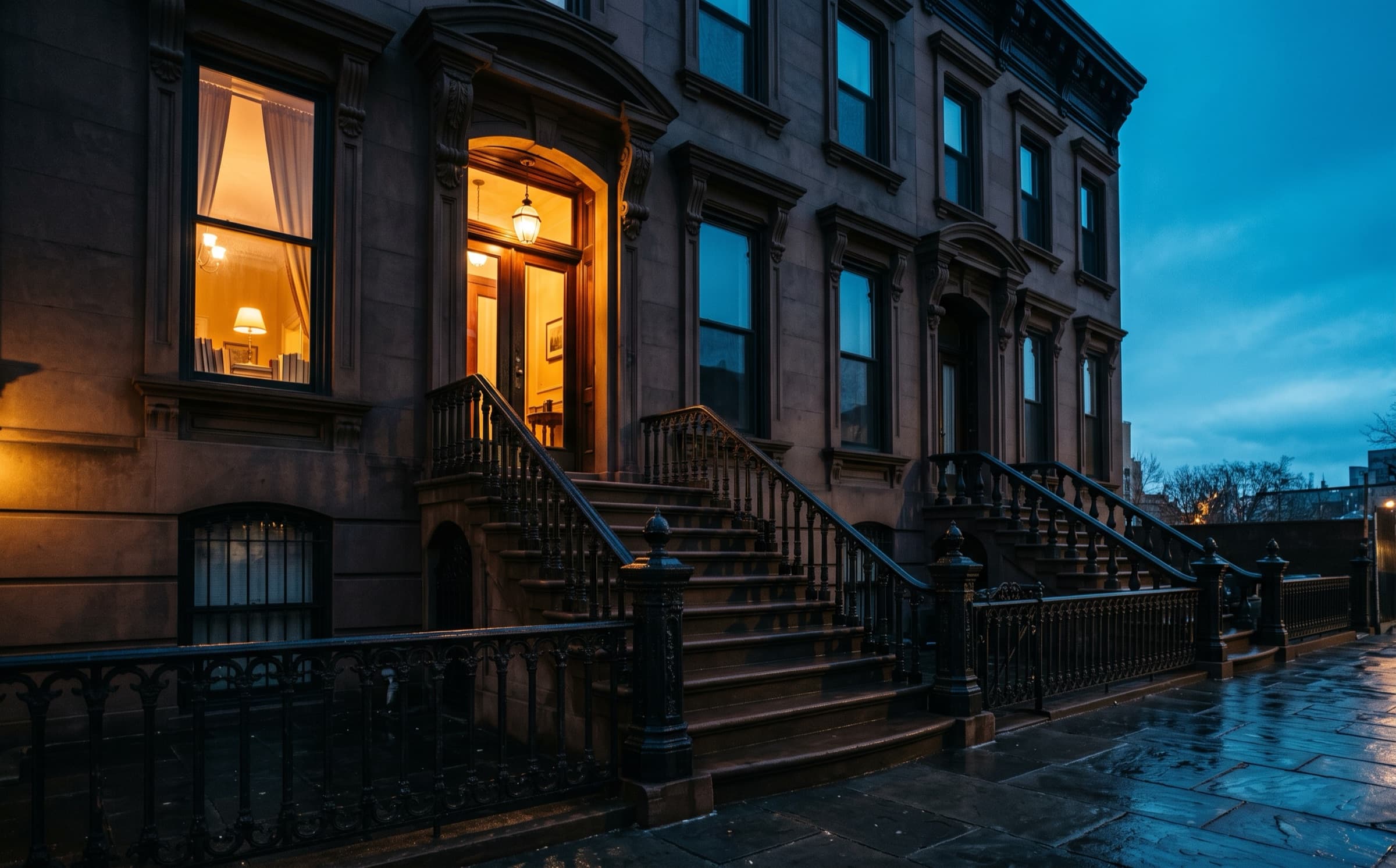 A Brooklyn brownstone stoop at dusk, one parlor window lit amber under a blue-green sky.