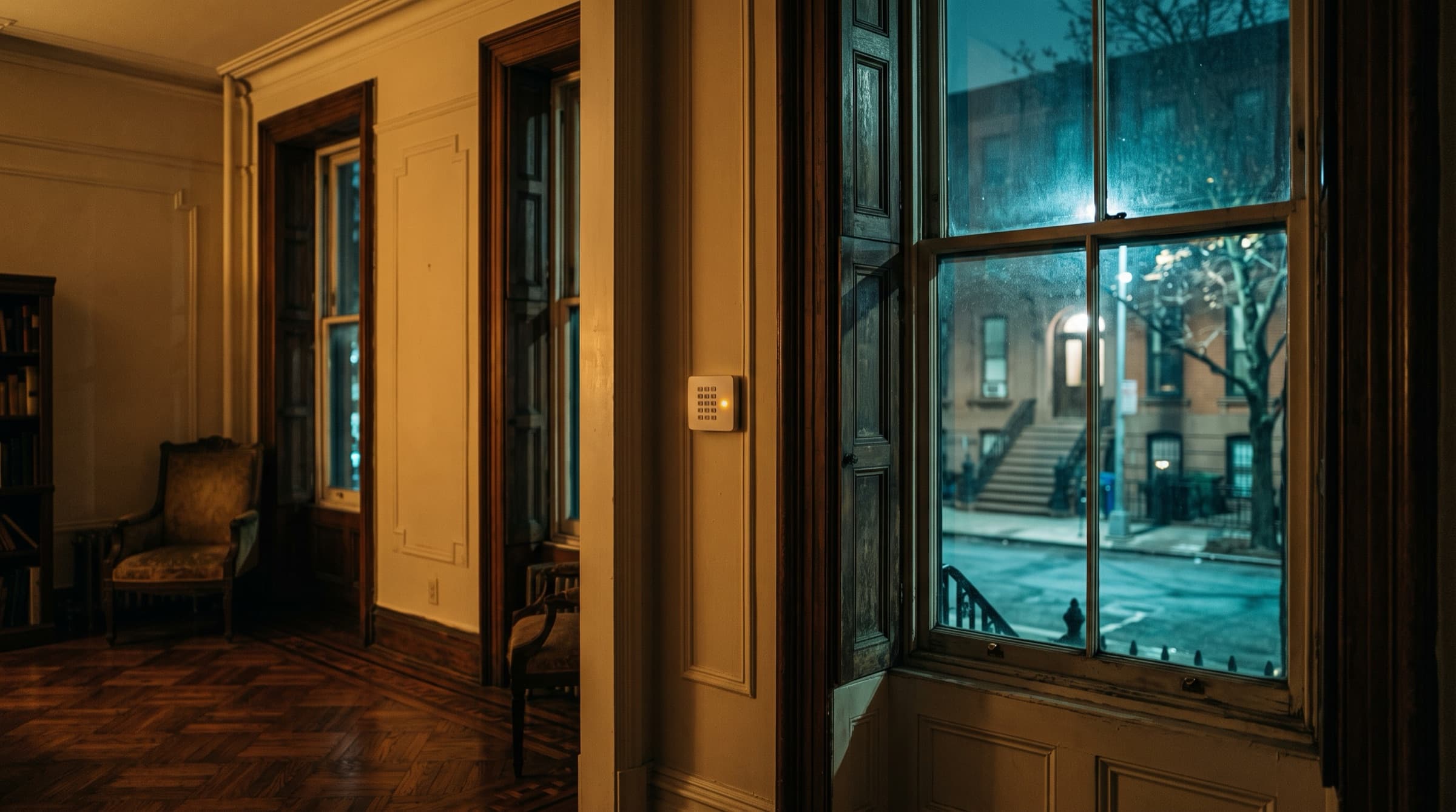 A pre-war parlor floor at night, tall shuttered windows, a small keypad with an amber indicator by the frame.