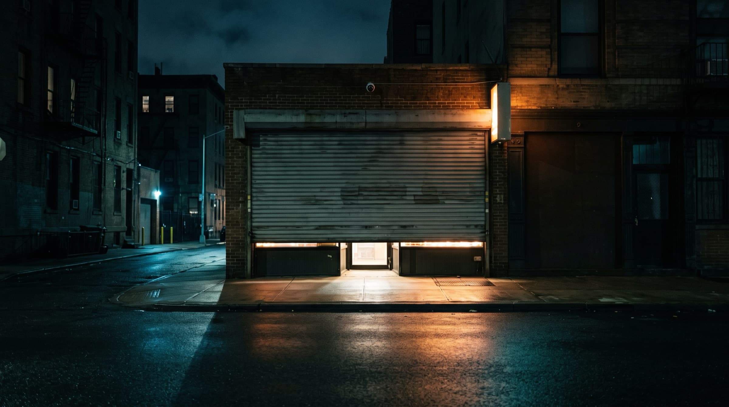 A small New York storefront at night, roll-down gate two-thirds closed, a dome camera above the door.