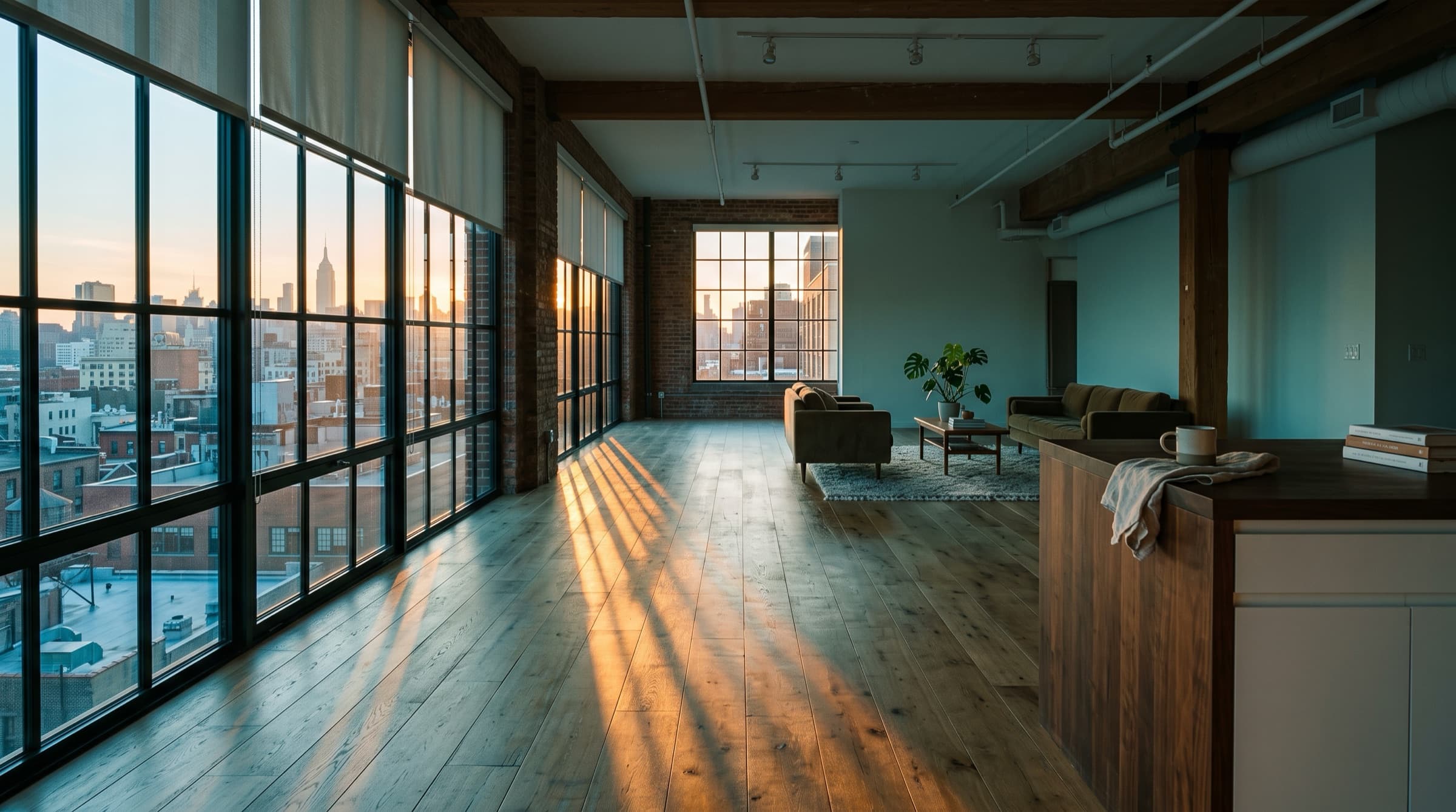 Morning light through half-raised motorised shades in a Manhattan loft.
