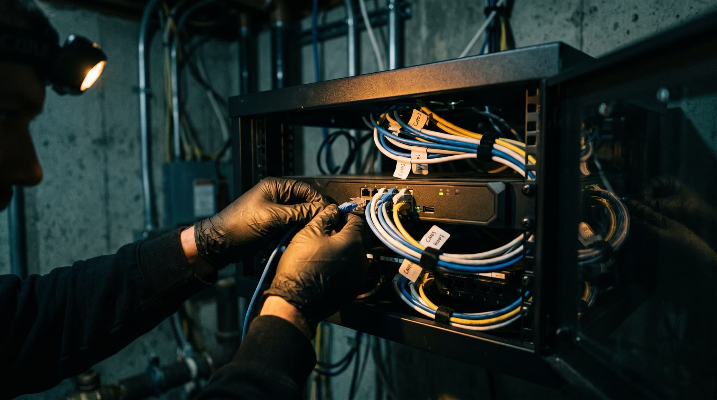 A technician's gloved hands working inside a small equipment rack lit by a headlamp.