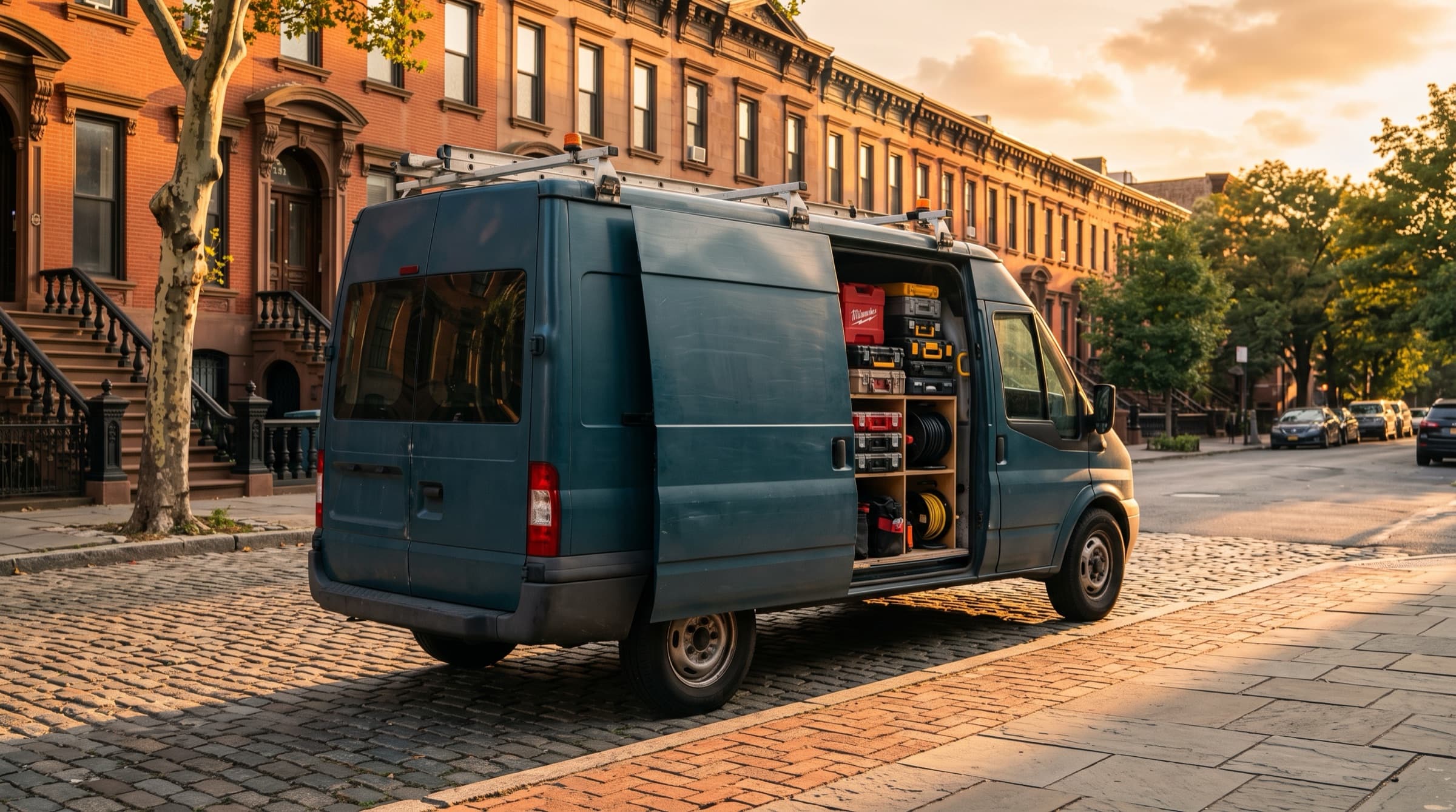 A dark panel van at a Brooklyn curb at golden hour, side door open on tidy tool cases.