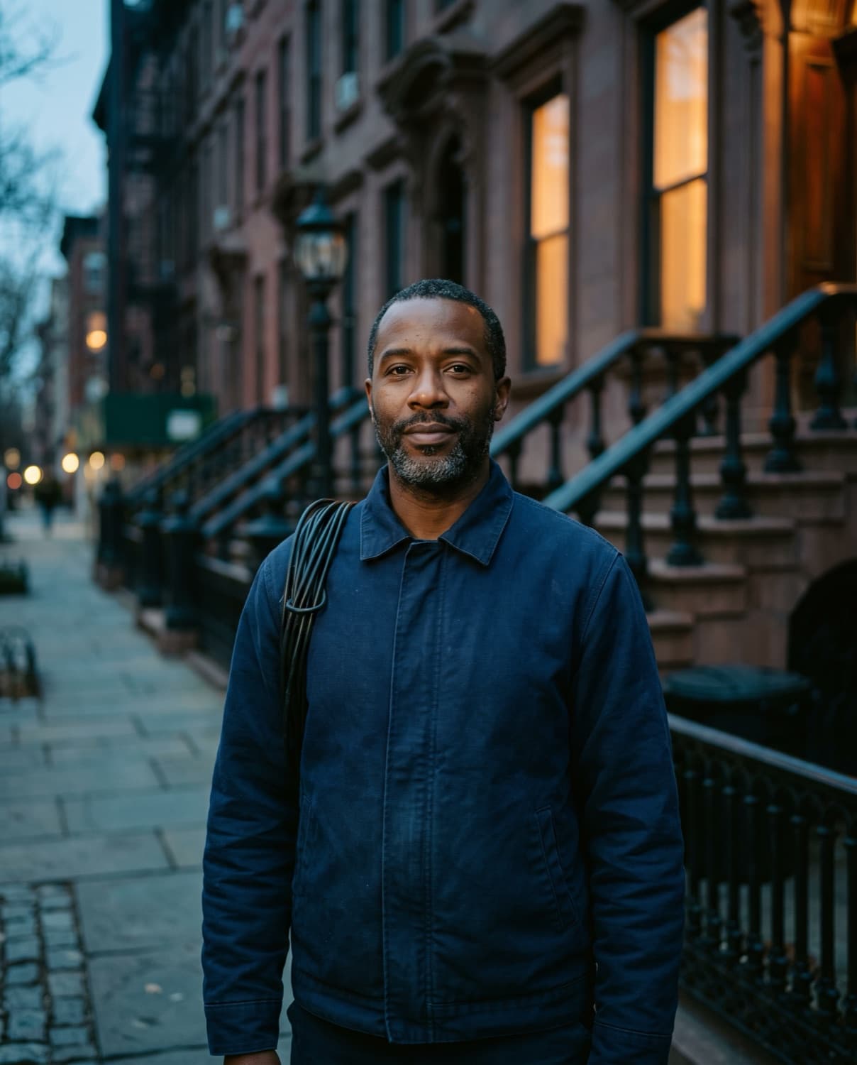 Elias Okafor, founder and lead installer, in a work jacket outside a Brooklyn brownstone.