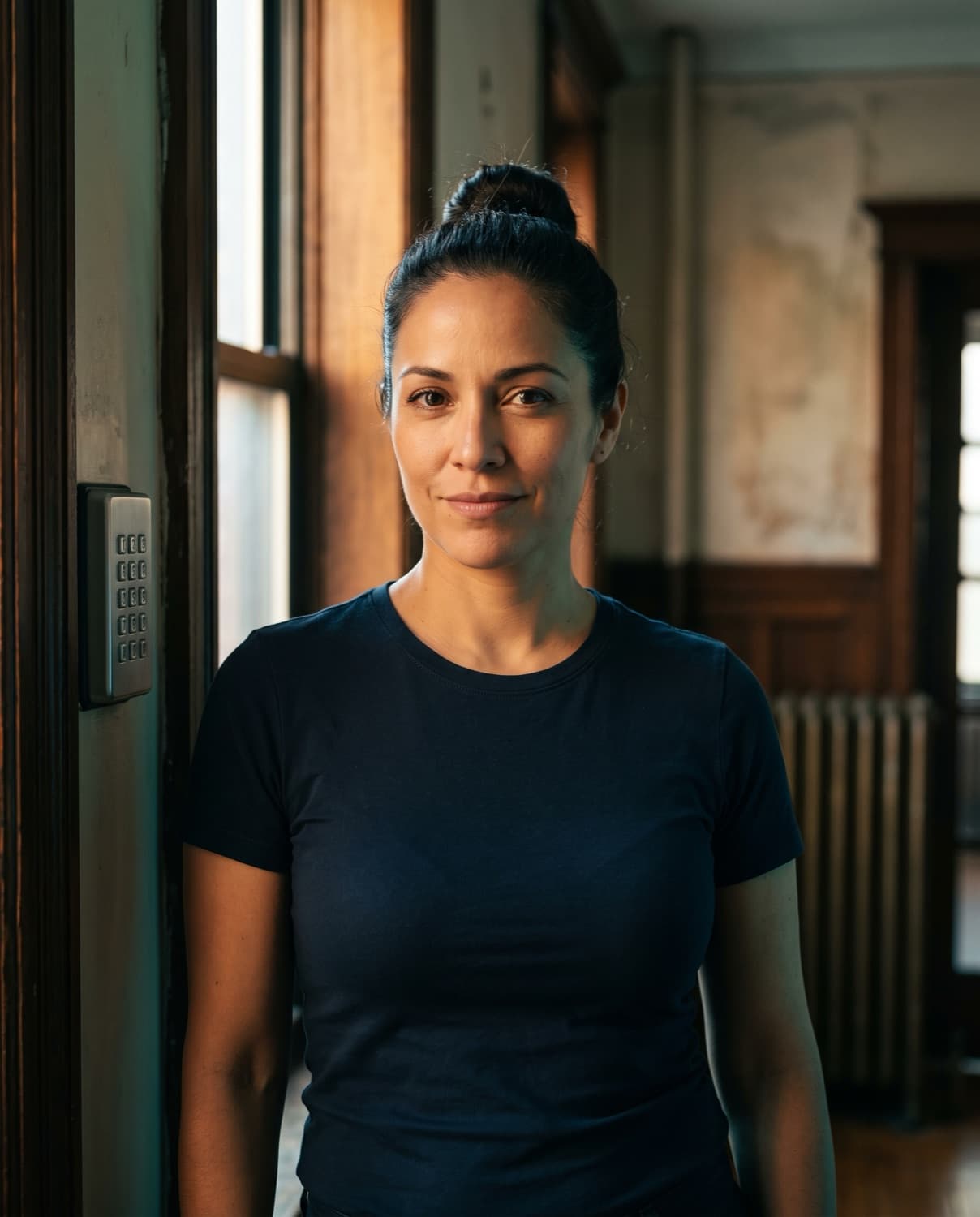 Marisol Vega, automation lead, beside a lighting keypad in a warm interior.
