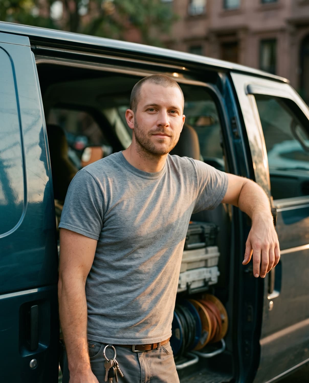 Devin Hart, field technician, at the open side door of the van with cable reels behind him.