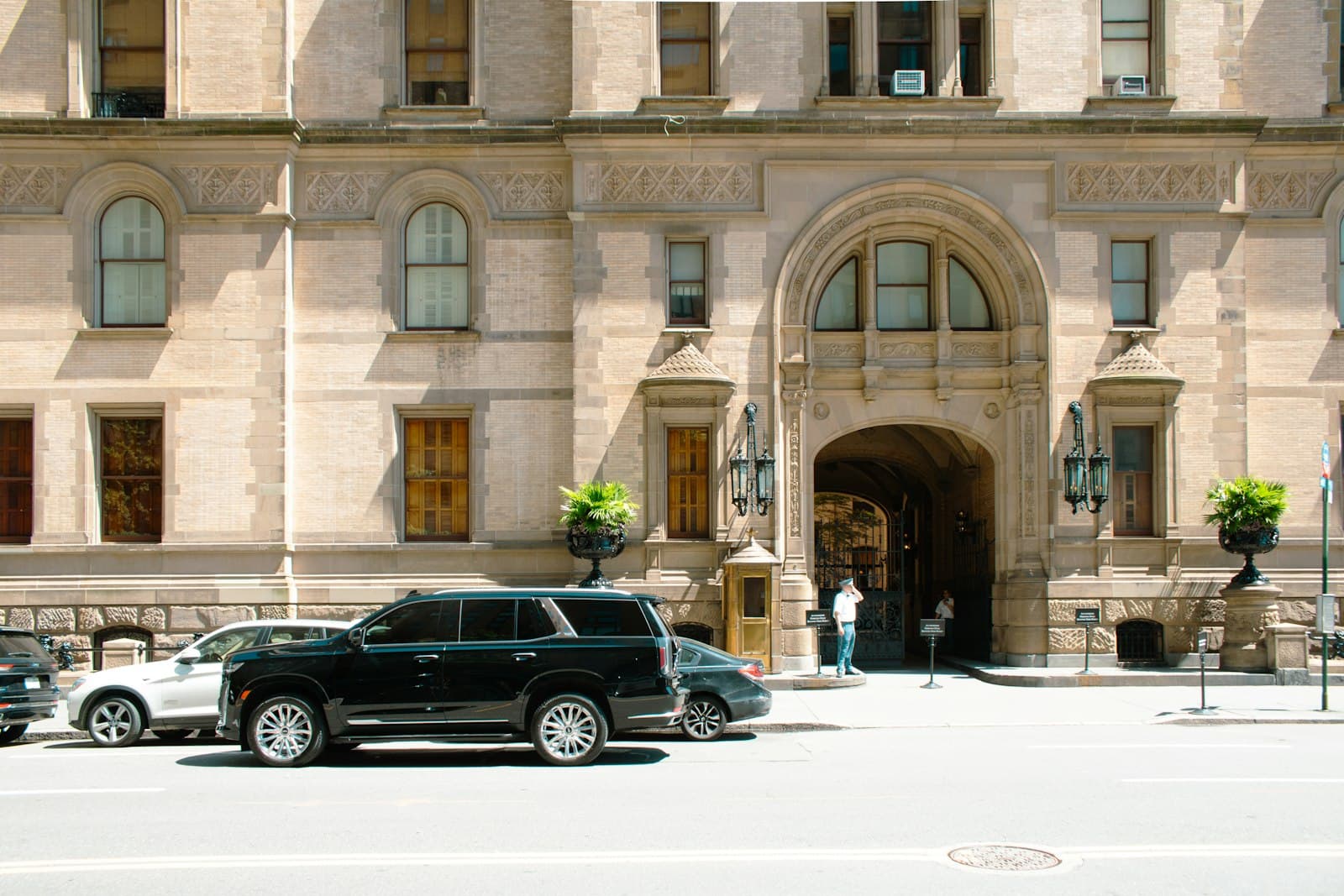 The limestone entrance of a pre-war Manhattan apartment building.